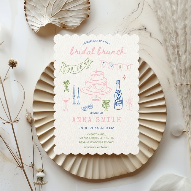 Convites Bridal Azul Cor-de-rosa-Pinta Simples (Hand Drawn Hand Illustrated Bridal Brunch Effortless Aesthetic Pink Blue Green Quirky Unique Whimsy)