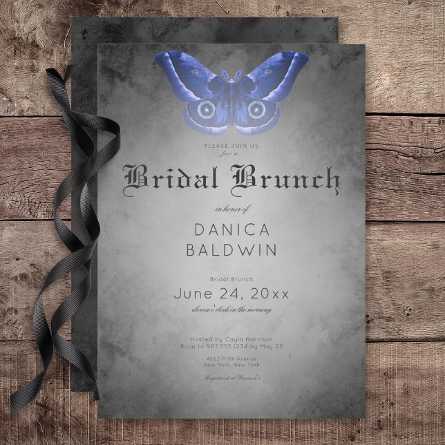 Convites Bridal Azul, Cor Negra Gótica (Gothic Black Watercolor Blue Moth Bridal Brunch Invitation)