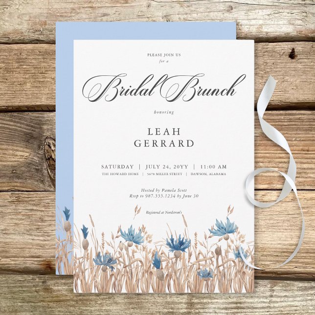 Convites Bridal Azul de Cornflower & Wheat Field (Blue Cornflowers & Wheat Field Bridal Brunch Invitation)
