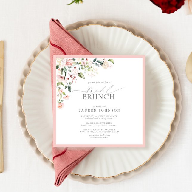 Convites Bridal Botânica Cor de Água Rosa Elegante Brunch (Easily personalize this bridal brunch invitation for a very special event!)
