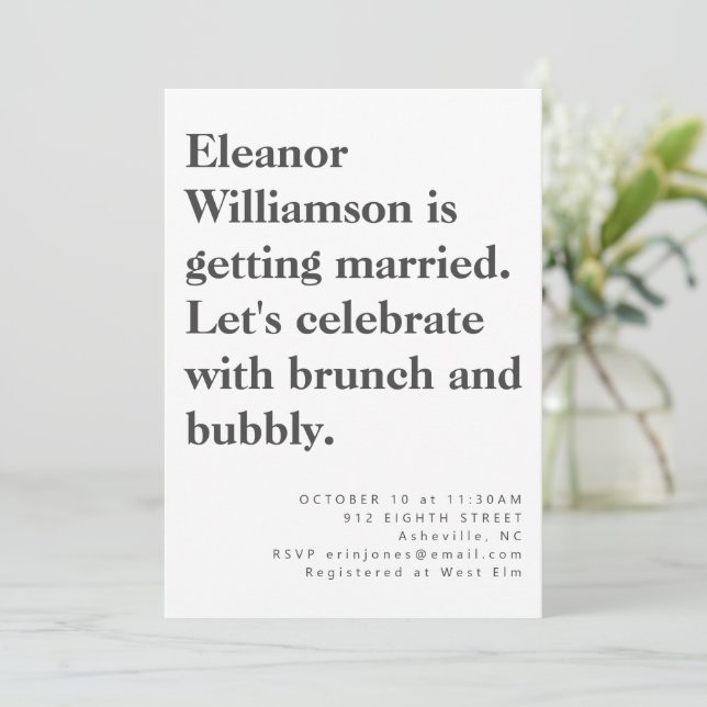 Convites Bridal Branca com Tipografia Negra Moderna Bridal  (Em pé/Frente)