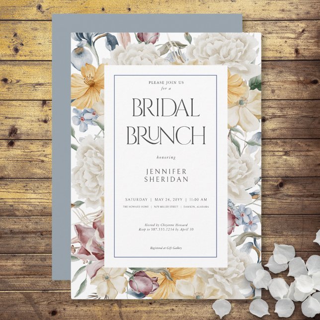 Convites Bridal Branca Floral Amarelo Azul e Branco (Yellow Blue & White Floral White Bridal Brunch Invitation)