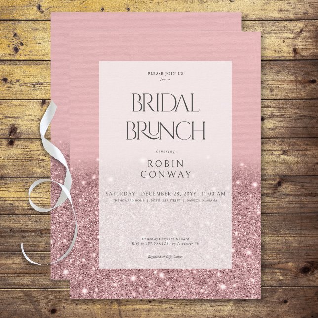 Convites Bridal Bridal com Glitter Glam Rosa Rosa moderno B (Modern Rose Pink Glam Glitter Bridal Brunch Invitation)