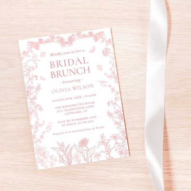 Convites Bridal Bridal do Jardim Rosa Pêssego (Whimsical Peach Pink Garden Chinoiserie Bridal Brunch Invitation)