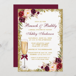 Convites Bridal Brunbble Burgundy Floral Dourada Glitter