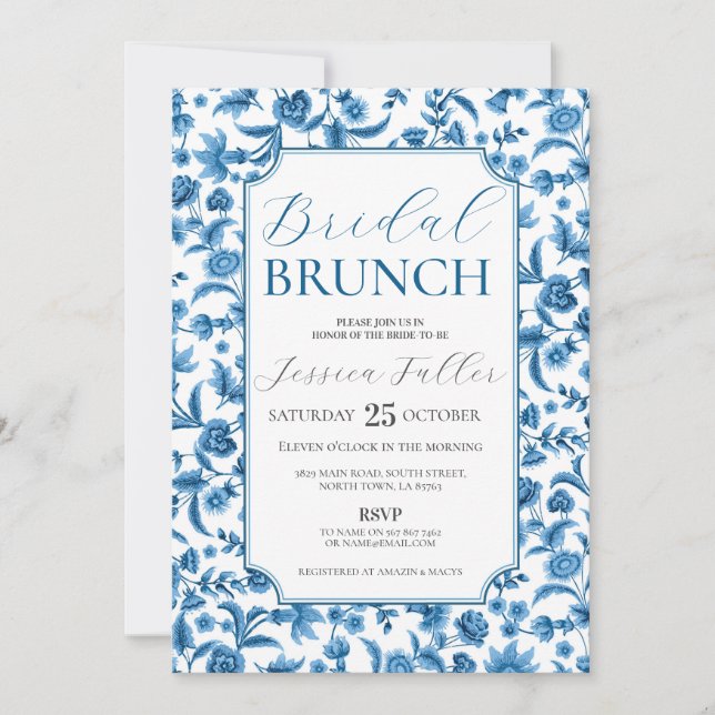 Convites Bridal Brunch Chintz Blue & White Floral Ditsy (Frente)