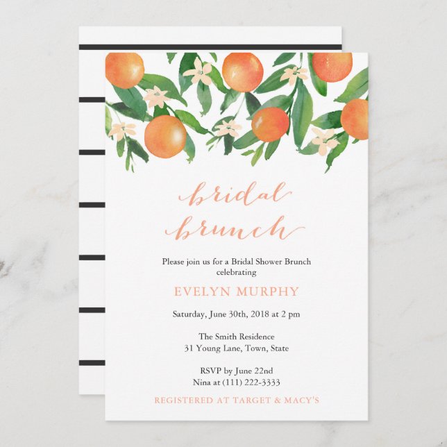 Convites Bridal Brunch Citrus Charcarbonus Stripes (Frente/Verso)