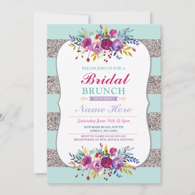 Convites Bridal Brunch Convide Silver Glitter Mint Floral (Frente)
