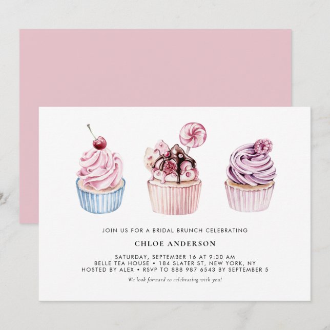 Convites Bridal Brunch de Cupcakes de Aquarela Rosa e Roxo (Frente/Verso)