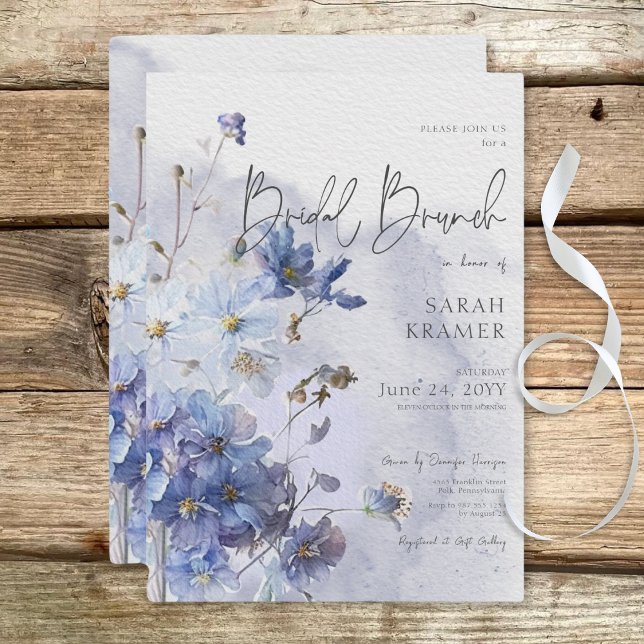 Convites Bridal Brunch de Flores Selvagens Azuis Modernas (Modern Periwinkle Blue Wildflowers Bridal Brunch Invitation)