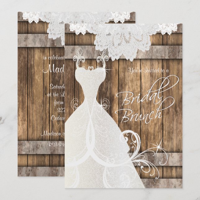 Convites Bridal Brunch em Wood Rustic e Lace (Frente/Verso)