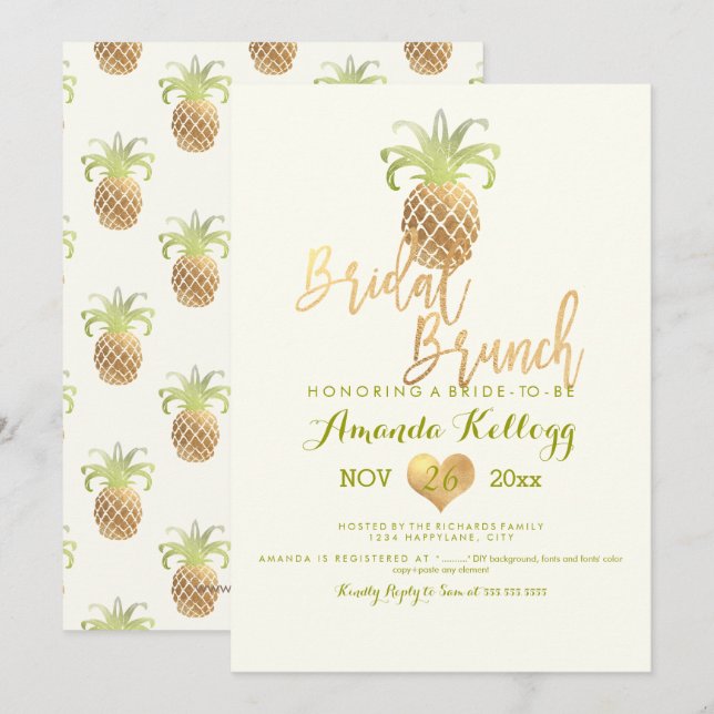 Convites Bridal Brunch/Faux Dourado/Ananás PixDezines (Frente/Verso)