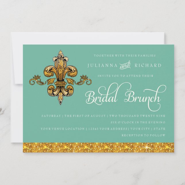 Convites Bridal Brunch Faux Dourado Teal Formal Fleur de Li (Verso)