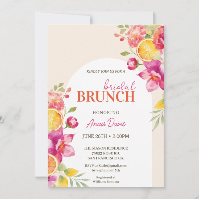 Convites Bridal brunch Floral Citrus Bridal shower  (Frente)