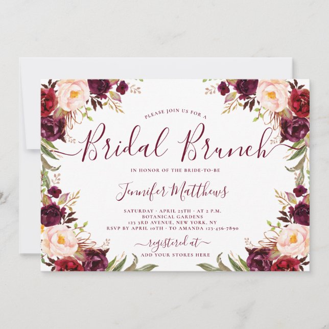 Convites Bridal Brunch Floral Elegante Floral Burgundy Blus (Frente)