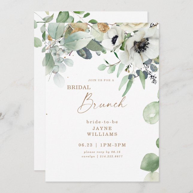 Convites Bridal Brunch Greenery Botânico White Floral (Frente/Verso)