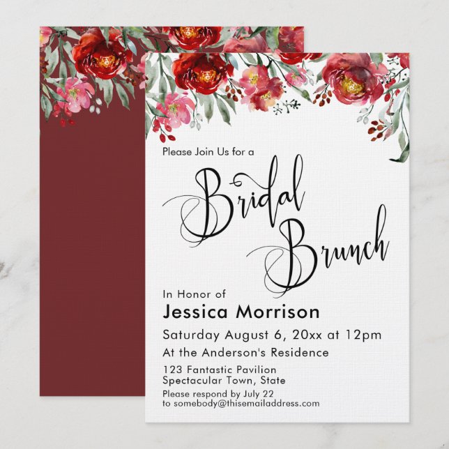 Convites Bridal Brunch Typografia Burgundy Red Floral (Frente/Verso)