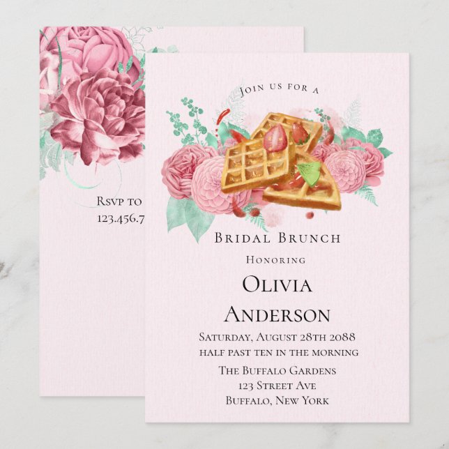 Convites Bridal Brunch Waffles Pink e Mint (Frente/Verso)