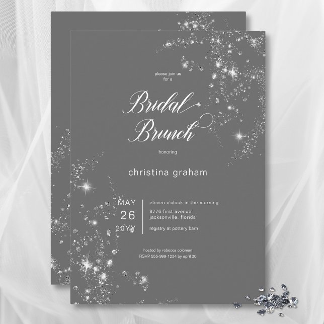 Convites Bridal Brunt de Cinzas Modernas e Óculos Brancos (Modern Gray & White Glam Diamonds Bridal Brunch Invitation)