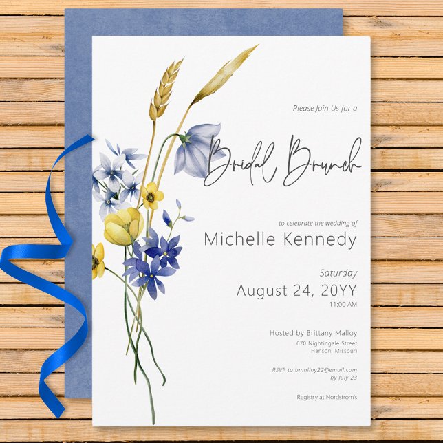 Convites Bridal Brunt de Flores Selvagens Azuis e Amarelas  (Modern Blue & Yellow Wildflowers Bridal Brunch Invitation)