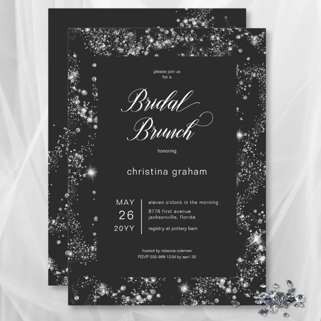 Convites Bridal Brunt de Frame de Diamante Negro Moderno (Modern Black Glam Diamond Frame Bridal Brunch Invitation)