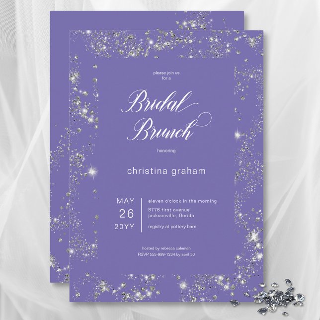 Convites Bridal Brunt de Frame de Glam Diamond, Lavanda mod (Modern Lavender Glam Diamond Frame Bridal Brunch Invitation)