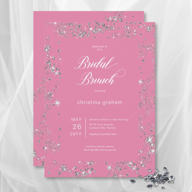 Convites Bridal Brunt de Frame de Glam Rosa Moderno (Modern Pink Glam Diamond Frame Bridal Brunch Invitation)