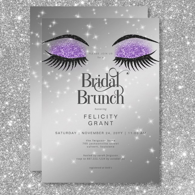 Convites Bridal Brunt de Glam Roxo da Lavanda Moderna (Modern Lavender Purple Glam Eyes Bridal Brunch Invitation)