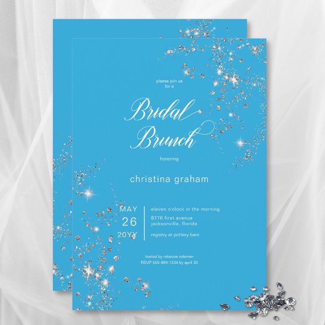 Convites Bridal Brunt de Ouros Azul e Branco Modernos (Modern Blue & White Glam Diamonds Bridal Brunch Invitation)