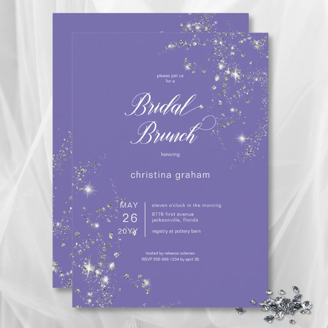 Convites Bridal Brunt de Ouros Bridal da Lavanda Moderna (Modern Lavender White Glam Diamonds Bridal Brunch Invitation)