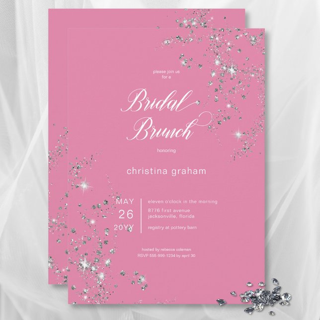 Convites Bridal Brunt de Ouros Bridal, Rosa Moderno e Glam  (Modern Pink & White Glam Diamonds Bridal Brunch Invitation)