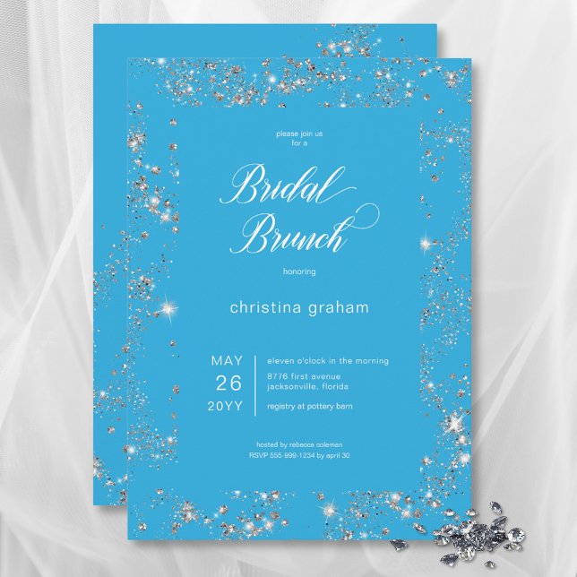 Convites Bridal Brunt de Quadro de Diamante de Glam Azul Mo (Modern Blue Glam Diamond Frame Bridal Brunch Invitation)