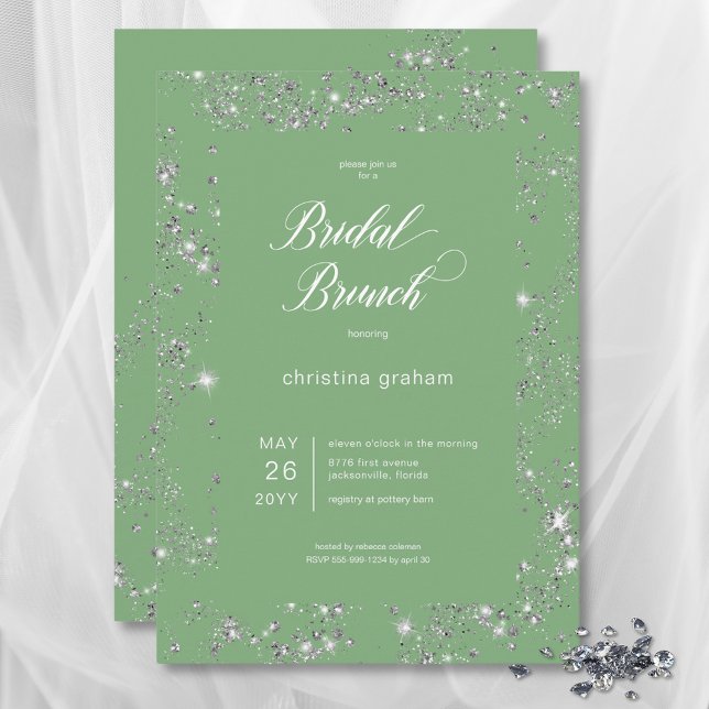 Convites Bridal Brunt de Quadro de Diamante Verde Moderno (Modern Green Glam Diamond Frame Bridal Brunch Invitation)