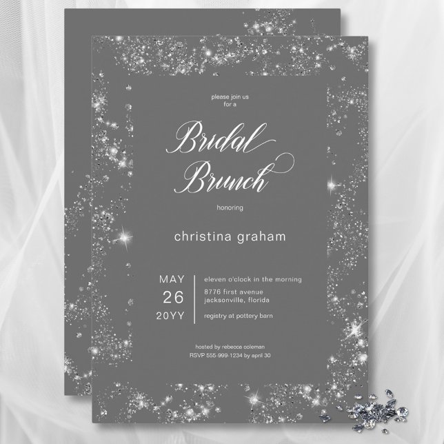 Convites Bridal Brunt - Frame de Glam Diamond da Cinza Mode (Modern Gray Glam Diamond Frame Bridal Brunch Invitation)