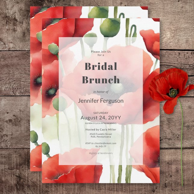 Convites Bridal Brunt - Papagaios Vermelhos Modernos com Co (Modern Retro Watercolor Red Poppies Bridal Brunch Invitation)