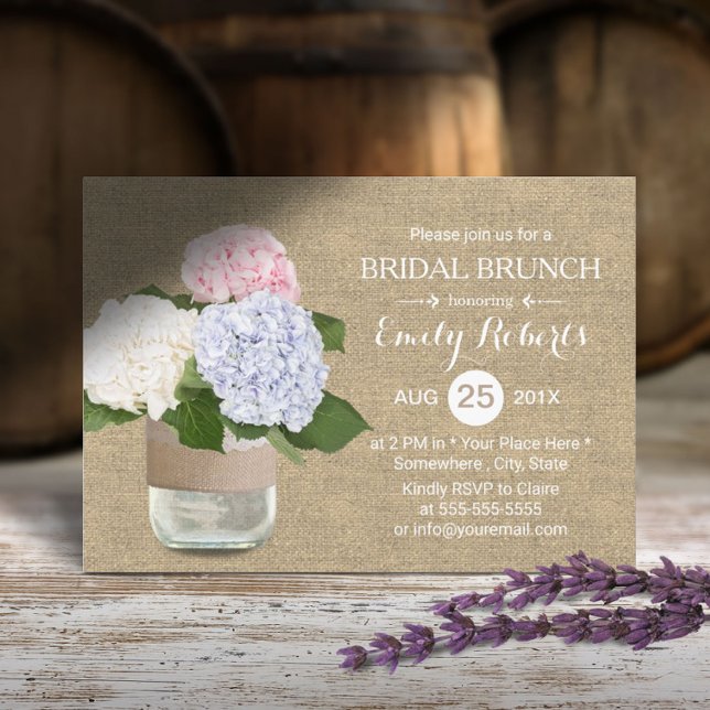 Convites Bridal Bruntic Rustic Hydrangea Mason Jar Burlap (Criador carregado)