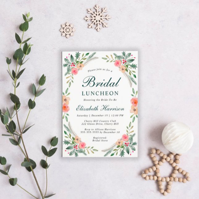 Convites Bridal Christmas Luncheon Floral Watercolor (Criador carregado)