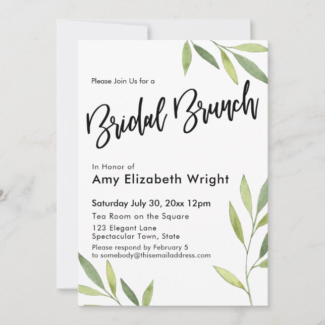 Convites Bridal de Folhagem de Aquarela Verde Brunch (Frente)