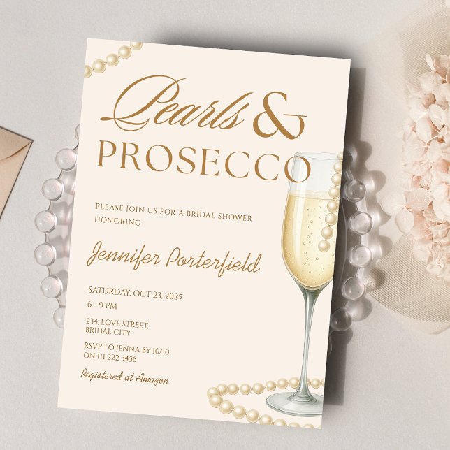 Convites Bridal de Pérolas e Chás de panela Prosecco Brunch (Pearls and Prosecco Bridal Shower Bridal Brunch Invitation)