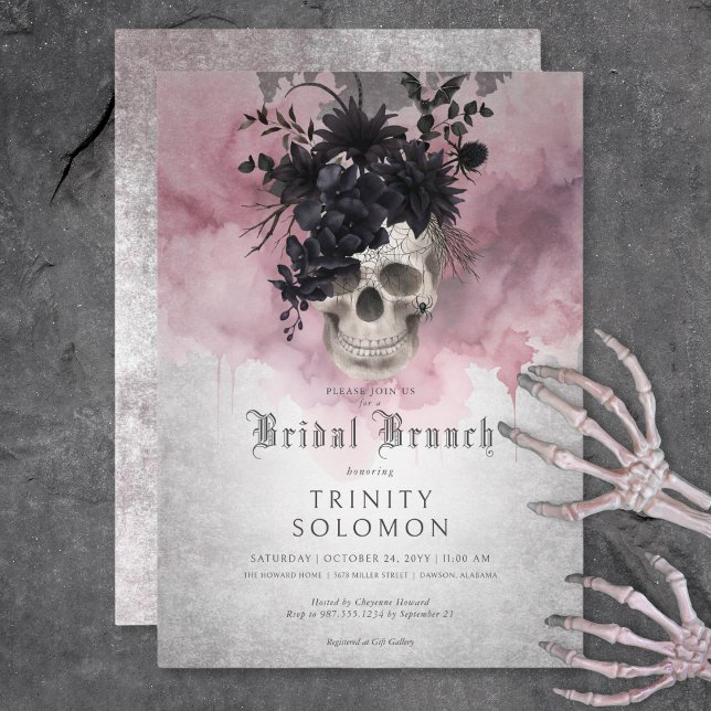 Convites Bridal do Crânio Gótico preto e borgonha (Gothic Black & Burgundy Floral Skull Bridal Brunch Invitation)