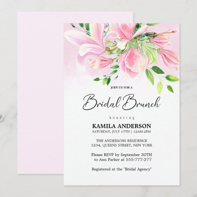 Convites Bridal Elegante de cor-de-água Magnolia Rosa Brunc (Frente/Verso)