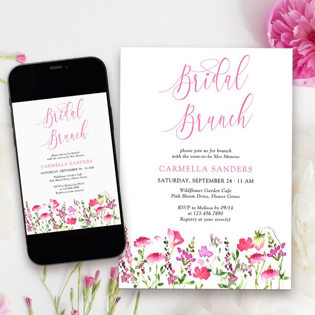 Convites Bridal Elegante Feminina de Flores Selvagens Rosa  (Bridal Brunch Invitation from my Pink Wildflower Collection. Message me for co-ordinating items.
)
