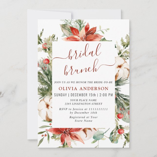 Convites Bridal Elegante Red Poinsettia Watercolor Brunch (Frente)