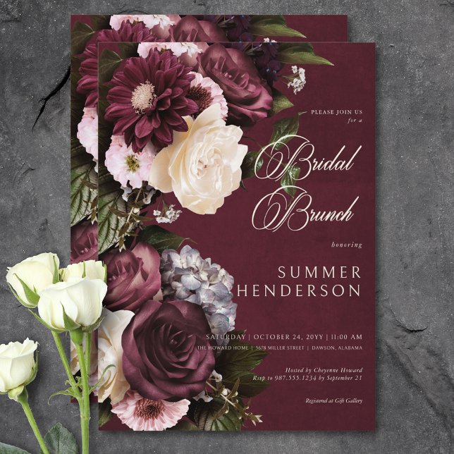 Convites Bridal Escuro Elegante Burgundy e Cream Floral Bru (Dark Elegant Burgundy & Cream Floral Bridal Brunch Invitation)