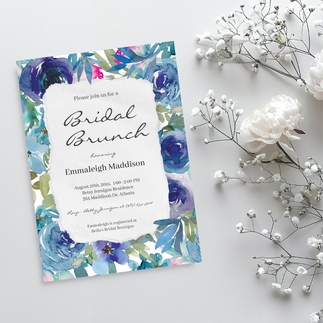Convites Bridal Floral Azul Sereia de Papel Torno Brunch (Criador carregado)