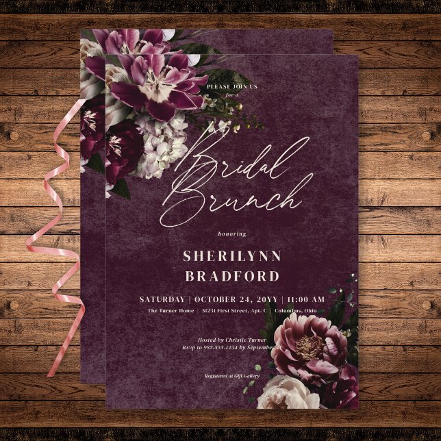 Convites Bridal Floral Branca e Borgonha Elegante Escura (Dark Elegant Burgundy & White Floral Bridal Brunch Invitation)