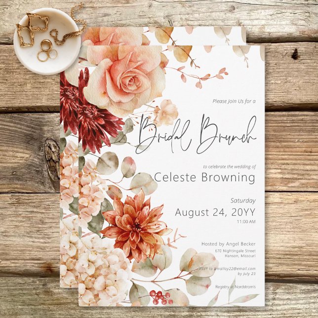 Convites Bridal Floral de Boho com queda picante (Spicy Fall Rust & Blush Boho Floral Bridal Brunch Invitation)