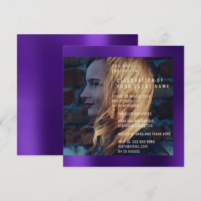 Convites Bridal Foto Graduação Birthday Plum Metálico (Frente/Verso)