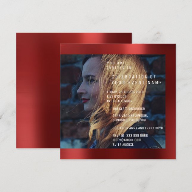 Convites Bridal Foto Graduação Birthday Ruby Red Metálico (Frente/Verso)