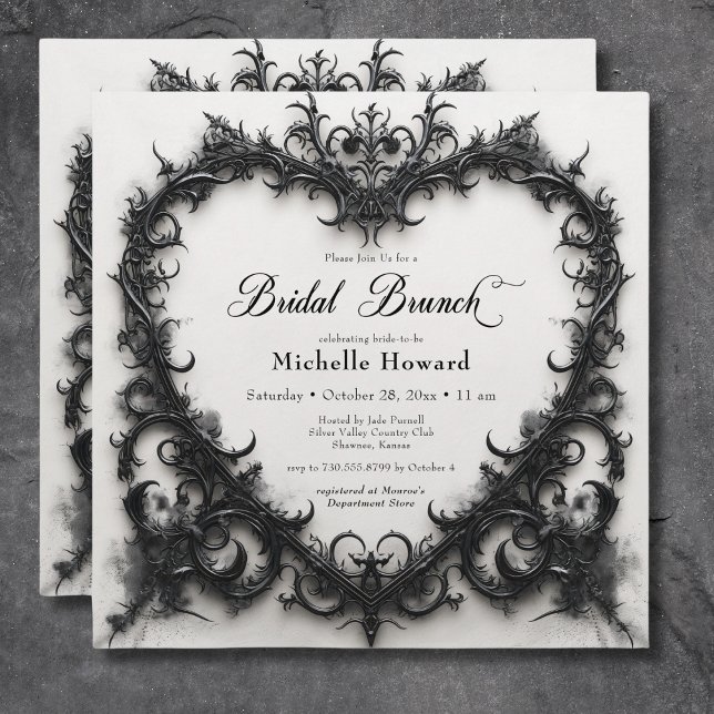 Convites Bridal Gothic Black & White Filigree Heart Brunch (Gothic Black & White Filigree Heart Bridal Brunch Invitation)